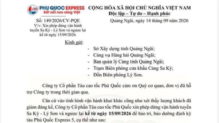 Phú Quốc Express 5 tạm dừng tuyến Sa Kỳ - Lý Sơn để bảo dưỡng định kỳ